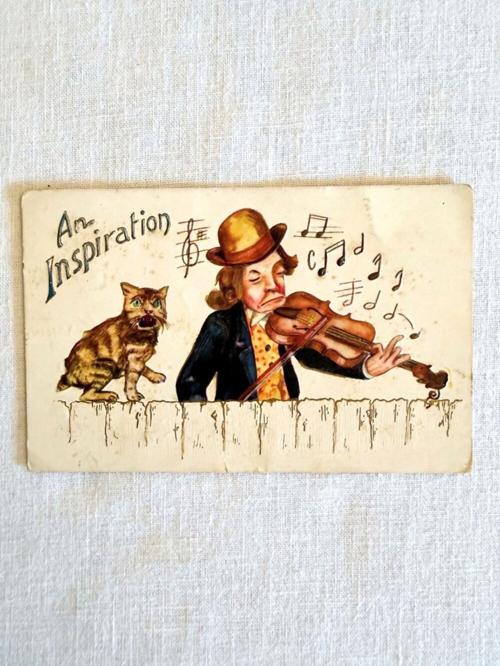1909 Antique Postcard An Inspiration Violinist Cat Embossed Music Humor Posted